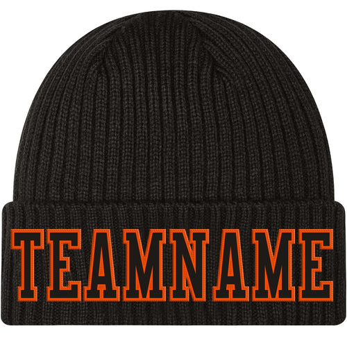 Custom Black Black-Orange Stitched Cuffed Knit Hat