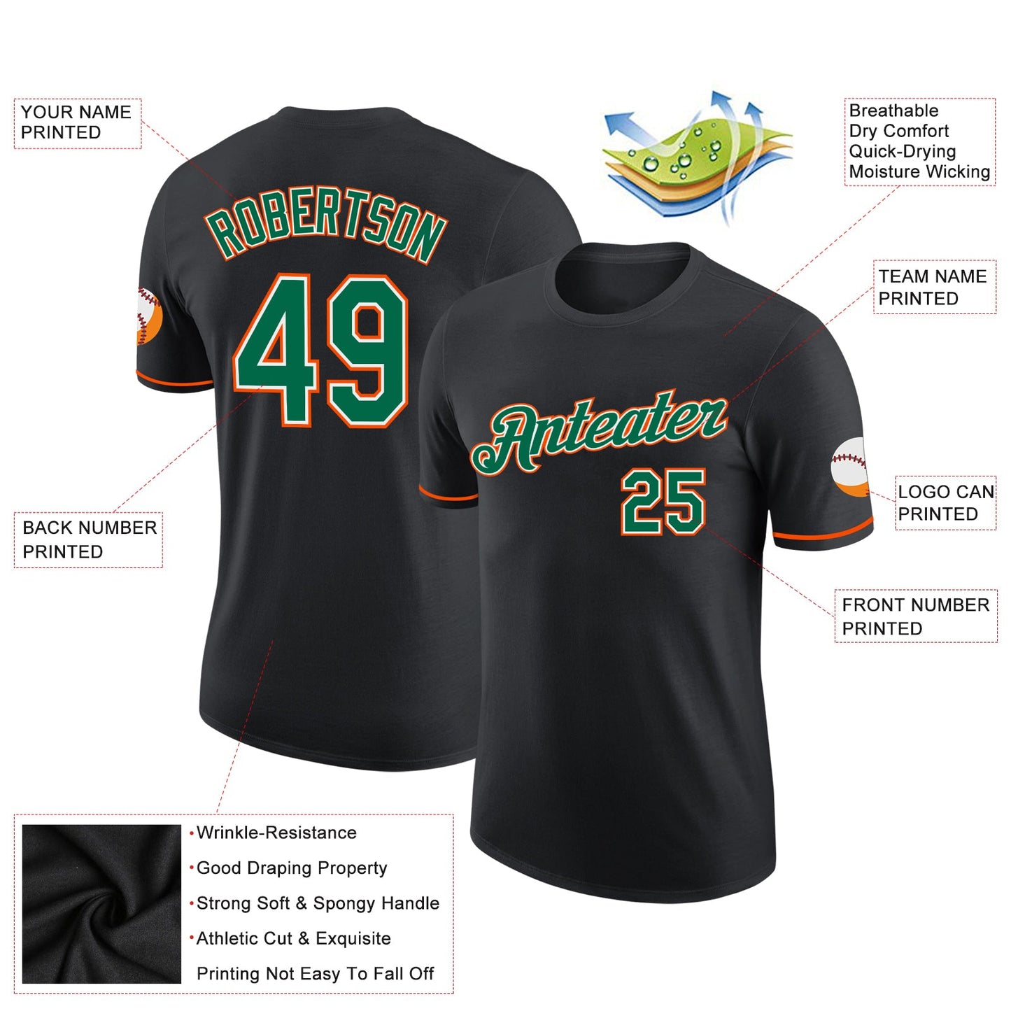 Custom Black Kelly Green-Orange Performance T-Shirt