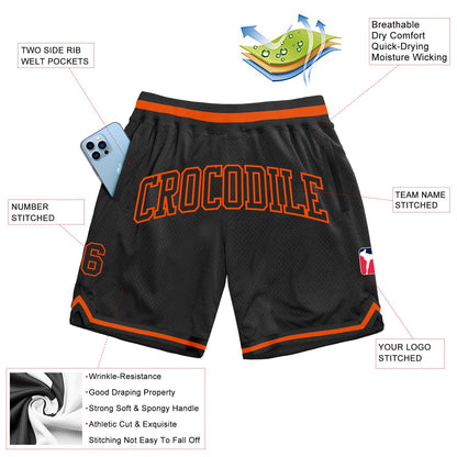 Custom Black Black-Orange Authentic Throwback Basketball Shorts