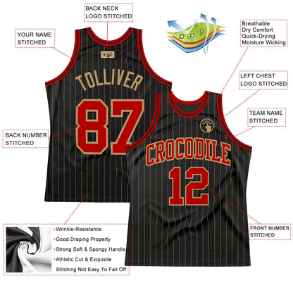Custom Black Old Gold Pinstripe Red-Old Gold Authentic Basketball Jersey