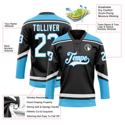 Custom Black White-Sky Blue Hockey Lace Neck Jersey
