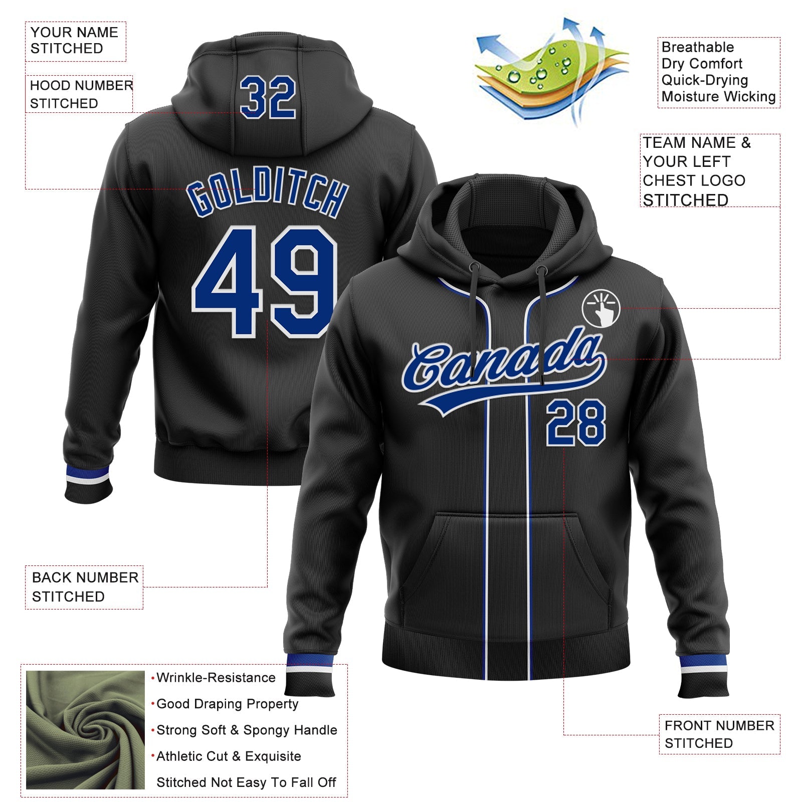 Custom Stitched Black Royal-White Baseball Pullover Sweatshirt Hoodie