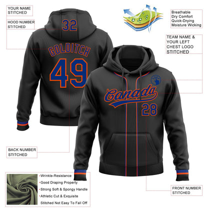 Custom Stitched Black Royal-Orange Baseball Pullover Sweatshirt Hoodie