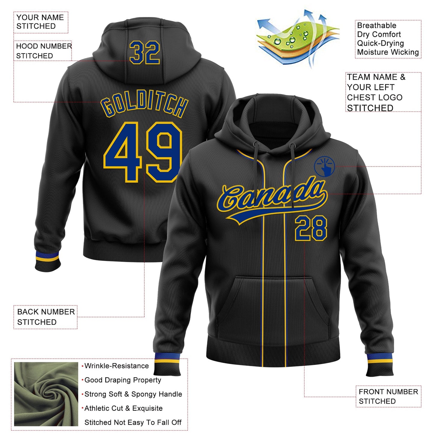 Custom Stitched Black Royal-Yellow Baseball Pullover Sweatshirt Hoodie