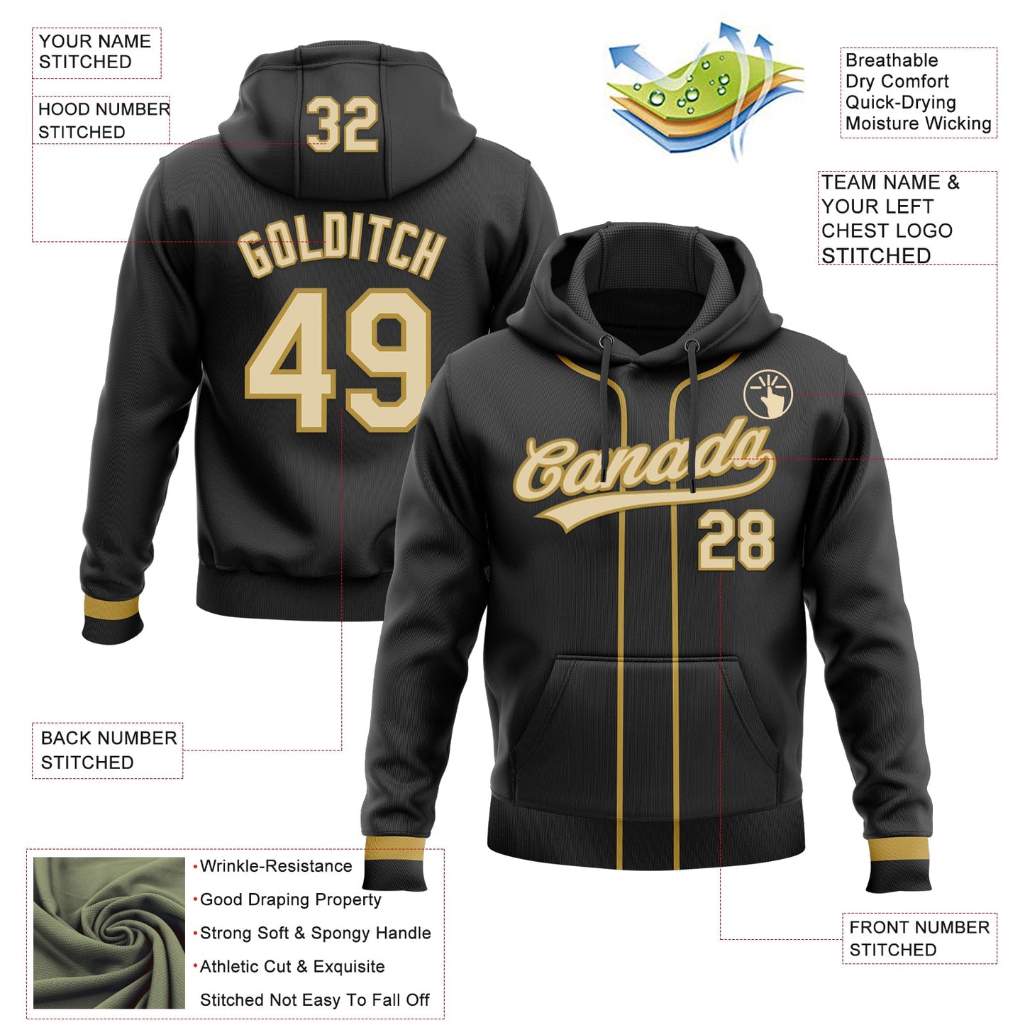 Custom Stitched Black Cream-Old Gold Baseball Pullover Sweatshirt Hoodie