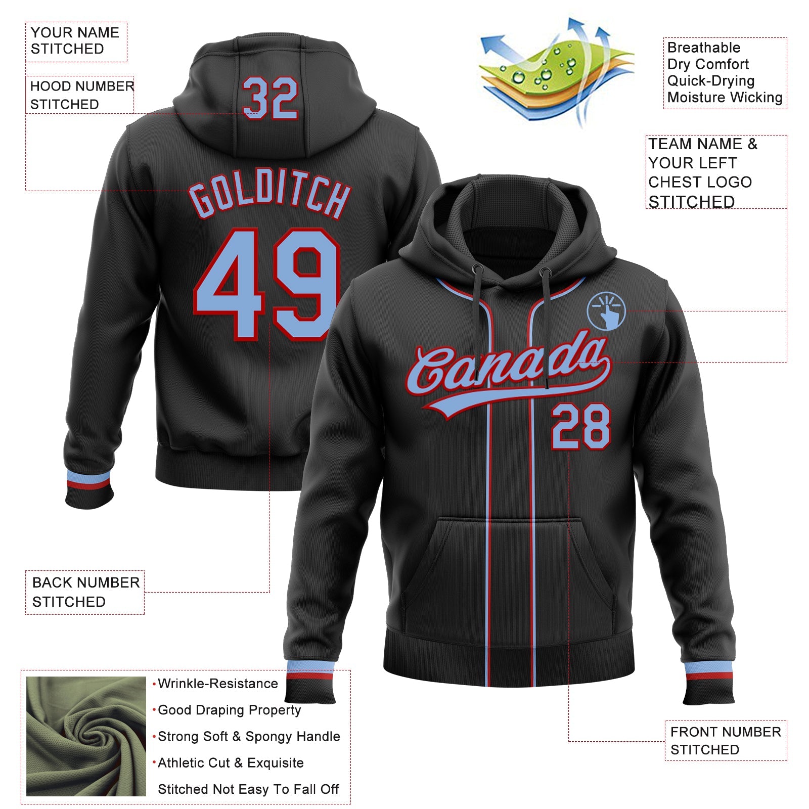 Custom Stitched Black Light Blue-Red Baseball Pullover Sweatshirt Hoodie