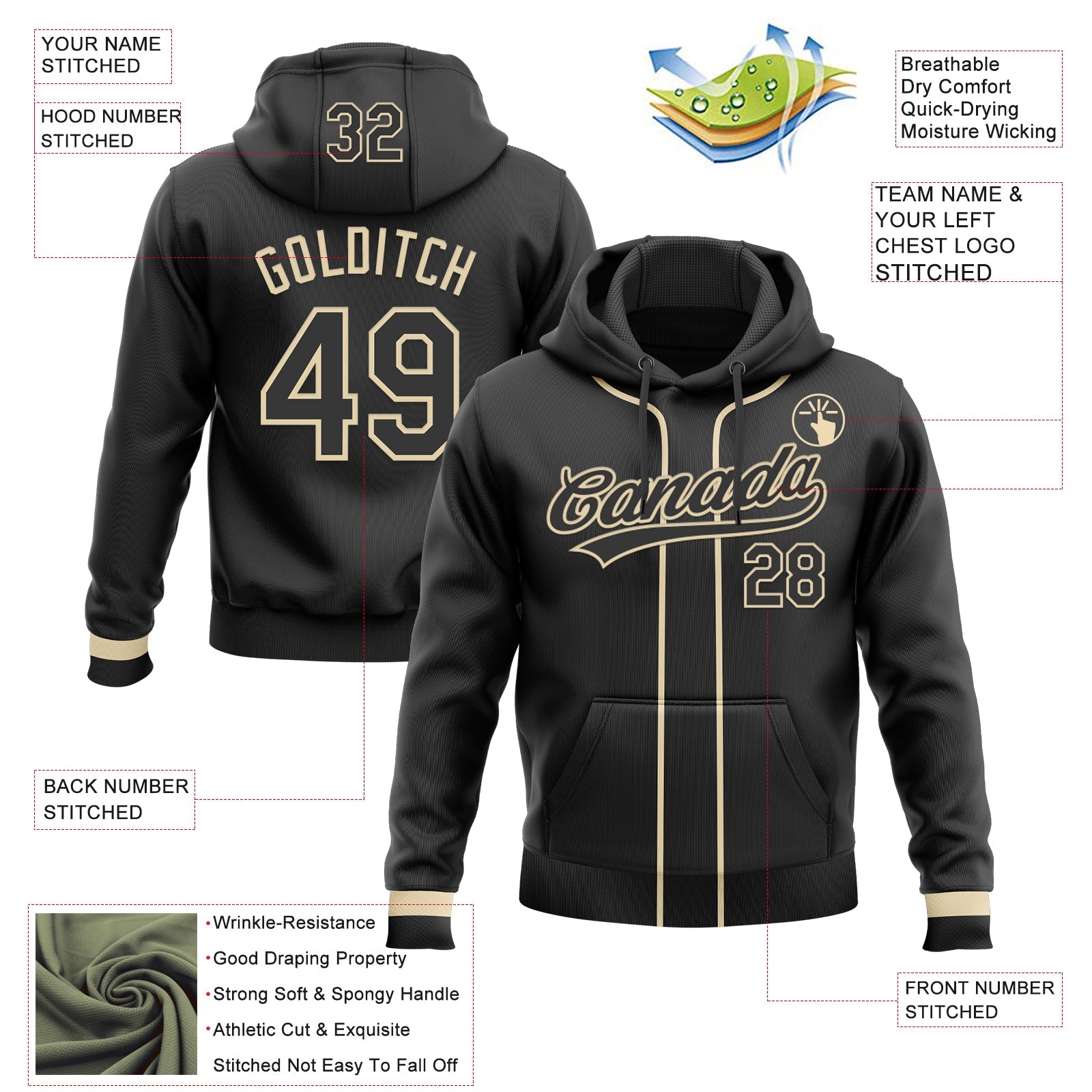 Custom Stitched Black Cream Baseball Pullover Sweatshirt Hoodie