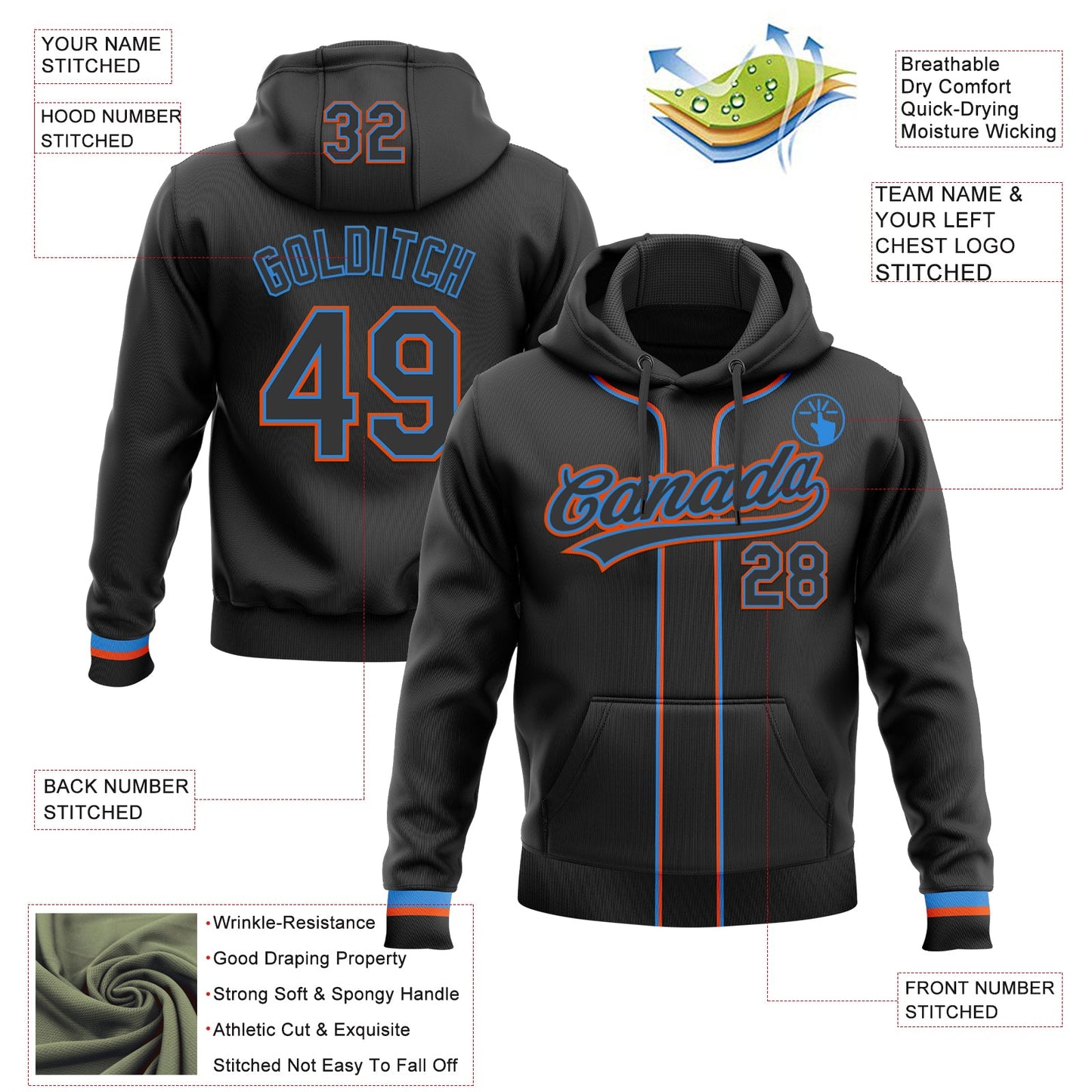 Custom Stitched Black Powder Blue-Orange Baseball Pullover Sweatshirt Hoodie