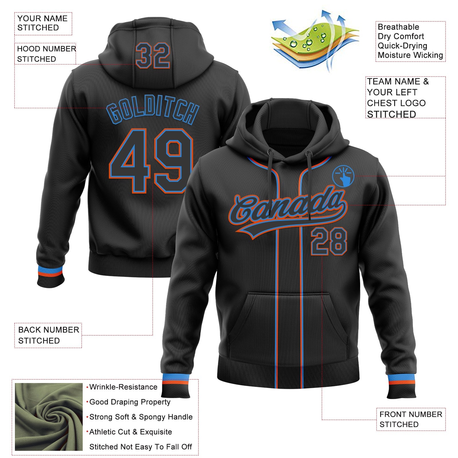 Custom Stitched Black Powder Blue-Orange Baseball Pullover Sweatshirt Hoodie