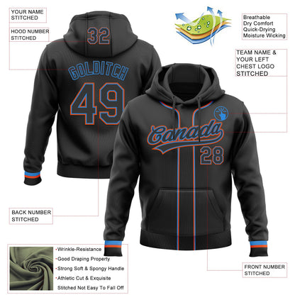 Custom Stitched Black Powder Blue-Orange Baseball Pullover Sweatshirt Hoodie