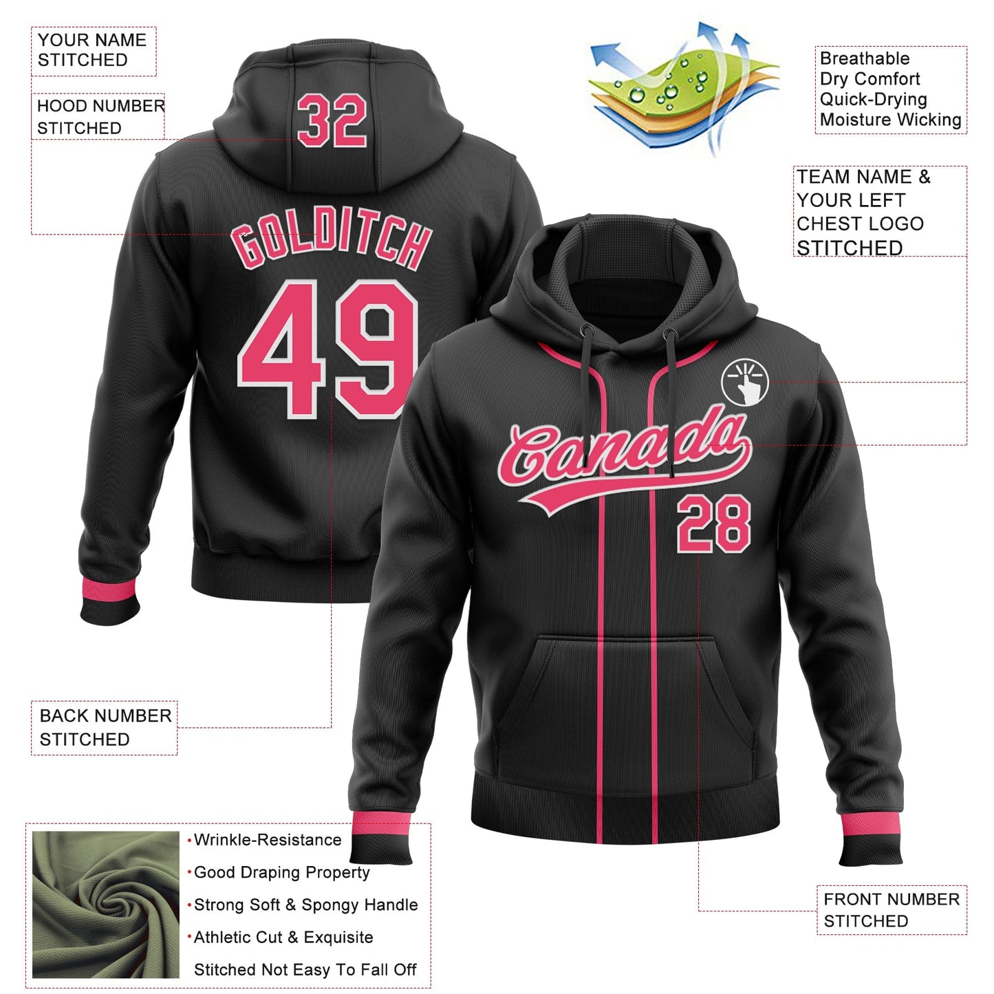Custom Stitched Black Neon Pink-White Baseball Pullover Sweatshirt Hoodie