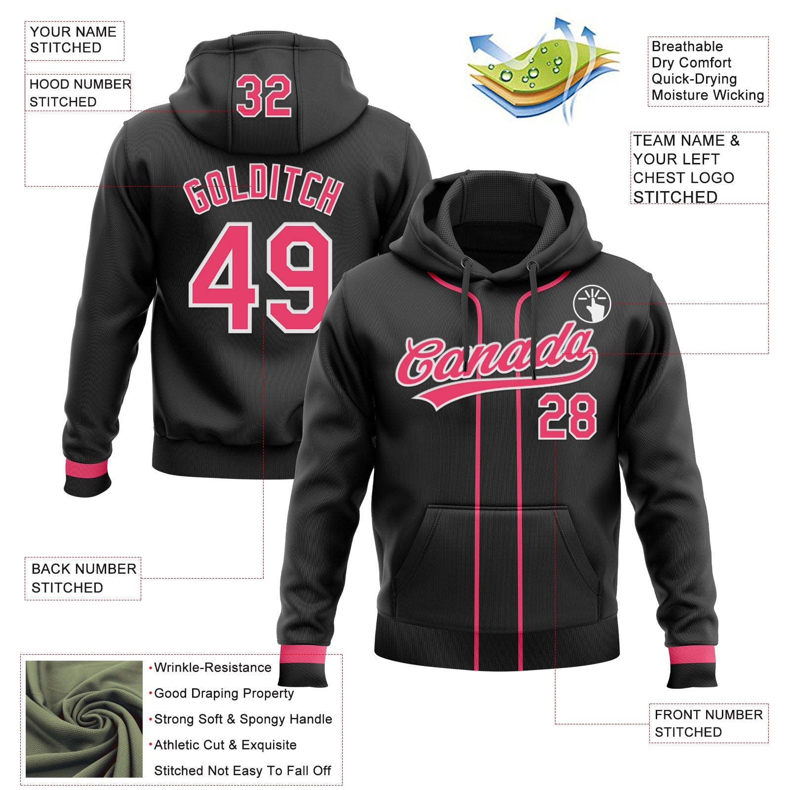 Custom Stitched Black Neon Pink-White Baseball Pullover Sweatshirt Hoodie