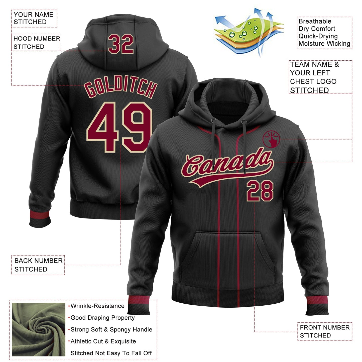 Custom Stitched Black Maroon-Cream Baseball Pullover Sweatshirt Hoodie