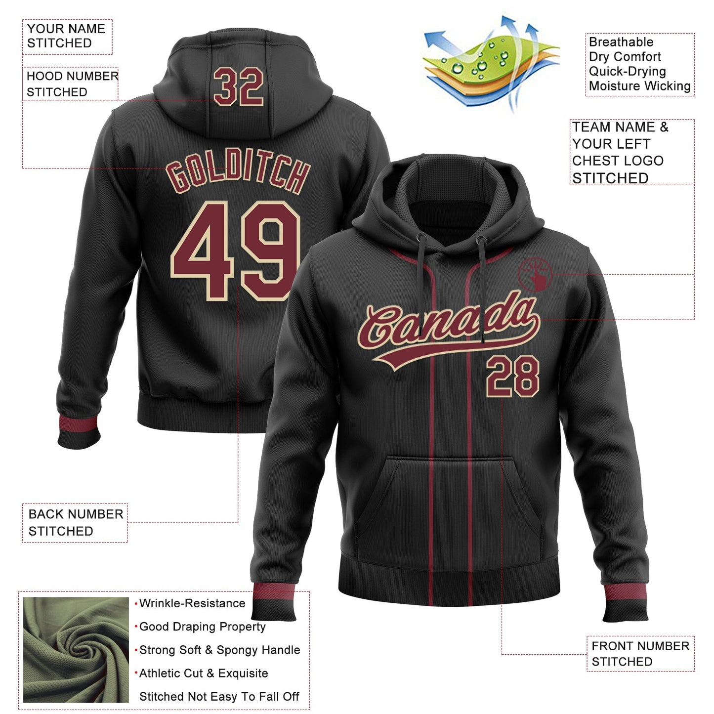 Custom Stitched Black Burgundy-Cream Baseball Pullover Sweatshirt Hoodie