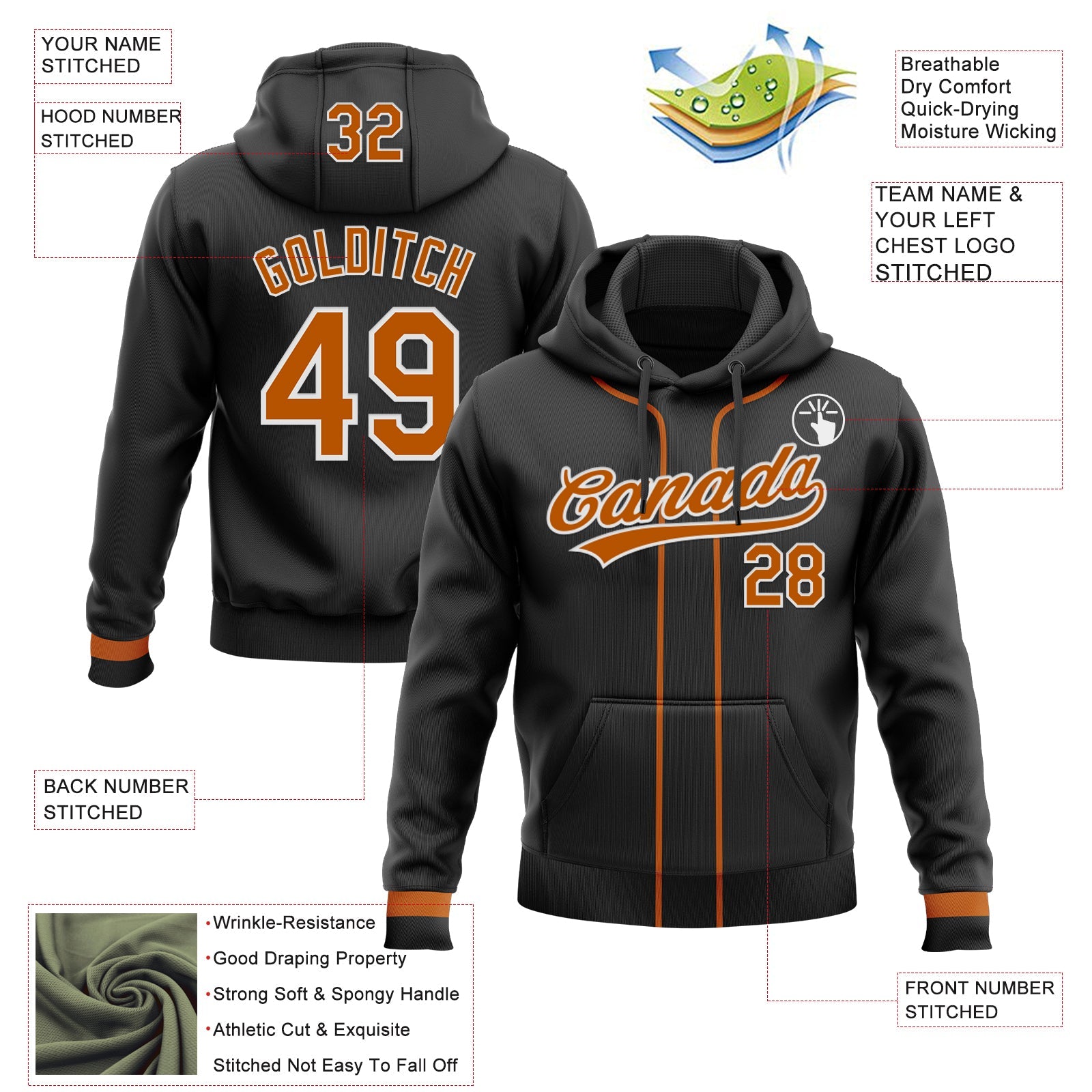 Custom Stitched Black Texas Orange-White Baseball Pullover Sweatshirt Hoodie