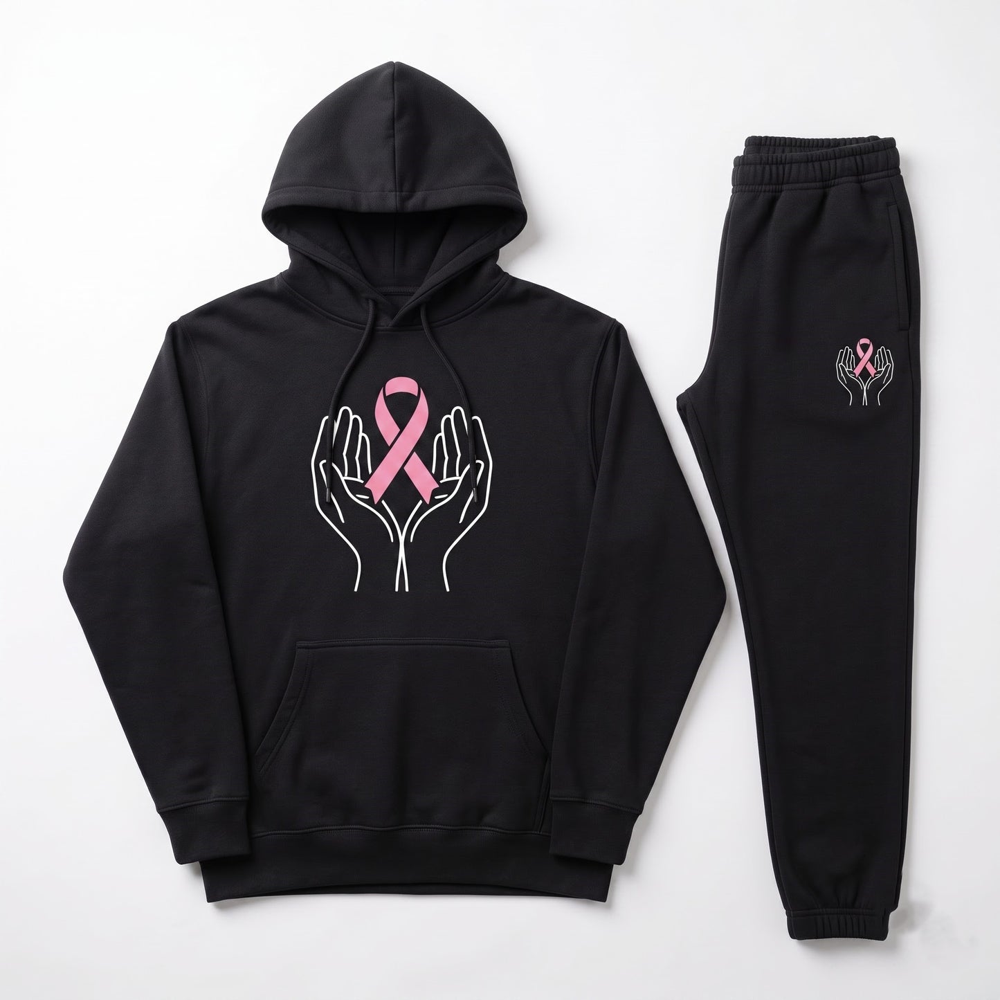Pink Ribbon Hoodie & Sweatpants Set, Breast Cancer Awareness Tracksuit, Hope Support Outfit Hoodie & Sweatpants Set — 8 Styles