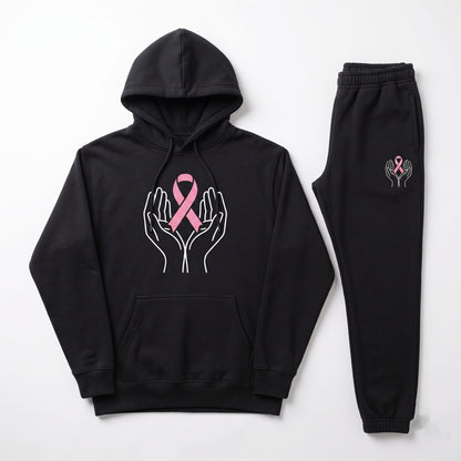 Pink Ribbon Hoodie & Sweatpants Set, Breast Cancer Awareness Tracksuit, Hope Support Outfit Hoodie & Sweatpants Set — 8 Styles