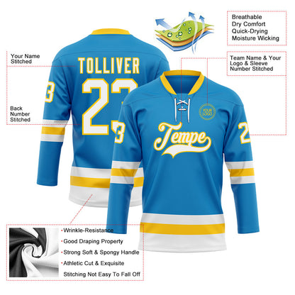 Custom Blue White-Yellow Hockey Lace Neck Jersey