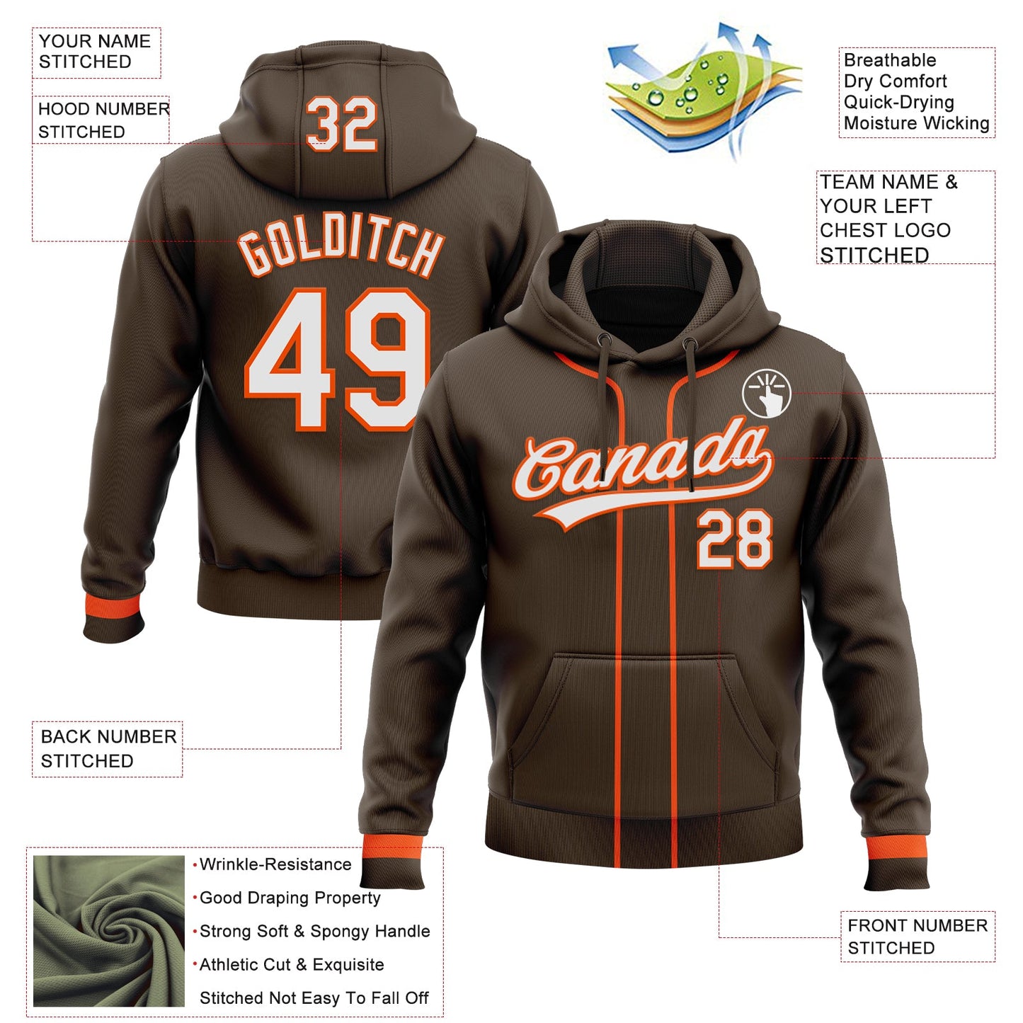 Custom Stitched Brown White-Orange Baseball Pullover Sweatshirt Hoodie