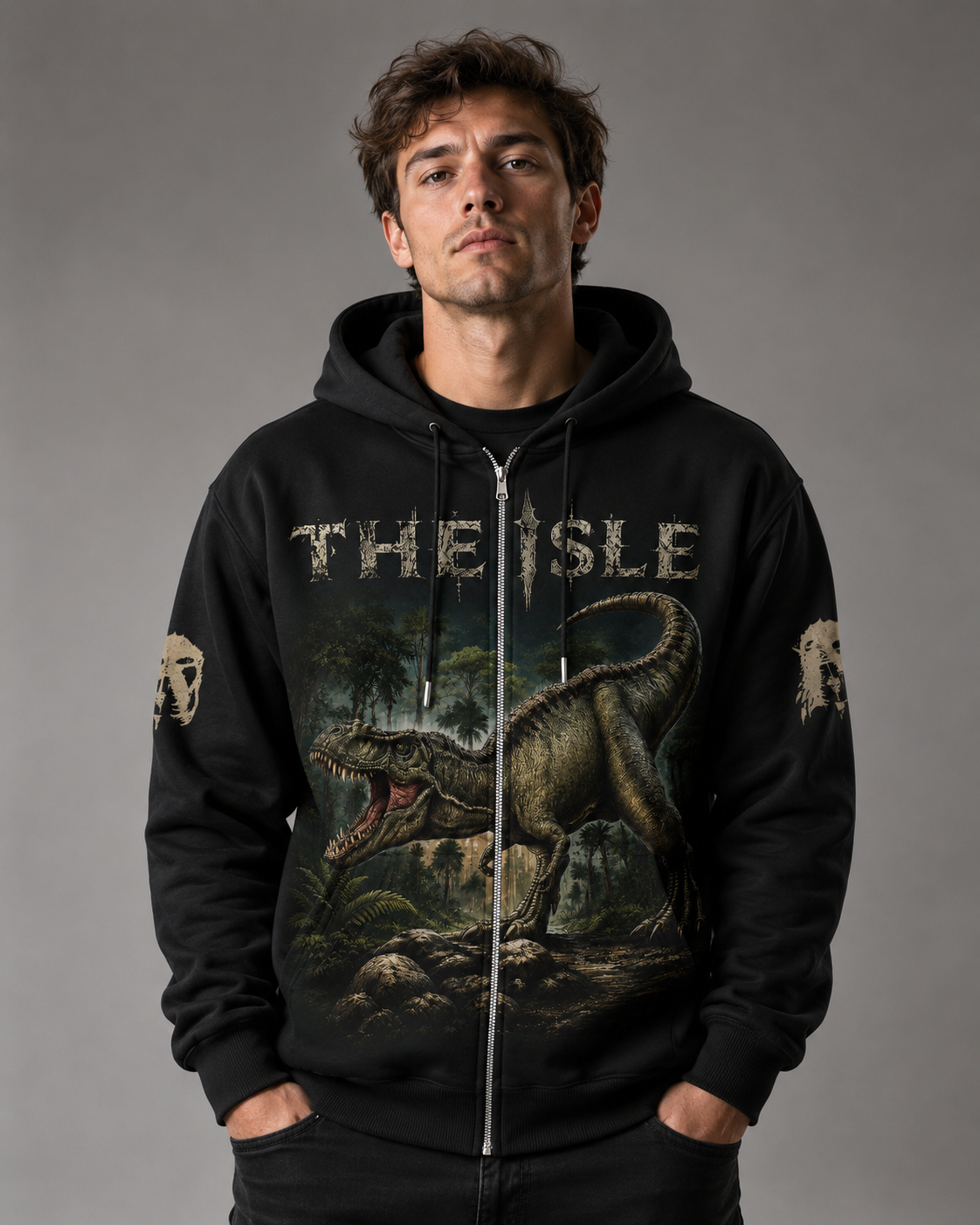 The Isle Dinosaur Apparel Collection — T-Rex Jungle Graphic Hoodie, Zip Hoodie, Sweatshirt & T-Shirt