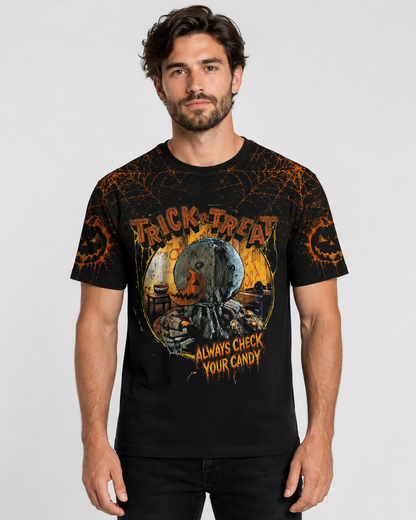 Halloween Trick or Treat Horror Graphic Shirt — Always Check Your Candy T-Shirt — Sweatshirt — Hoodi - Custom Fan Apparel Image 2