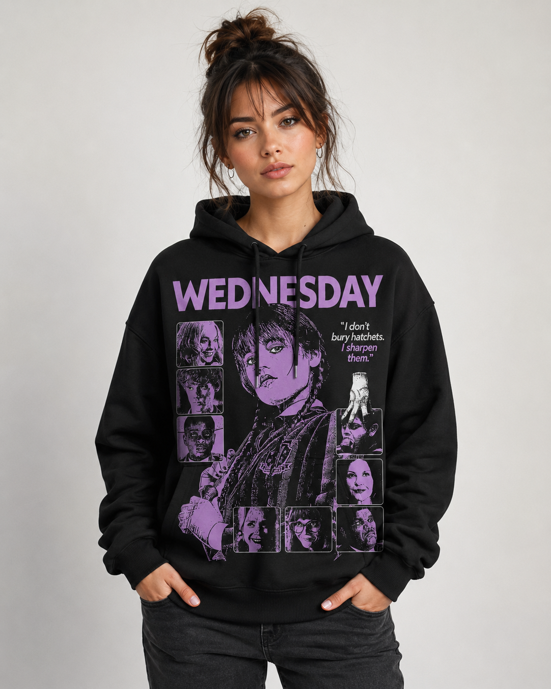 Wednesday Purple Graphic Hoodie, Gothic Girl Sweatshirt, Dark Academy T-Shirt, Spooky Quote Zip Hoodie, Black Horror Apparel