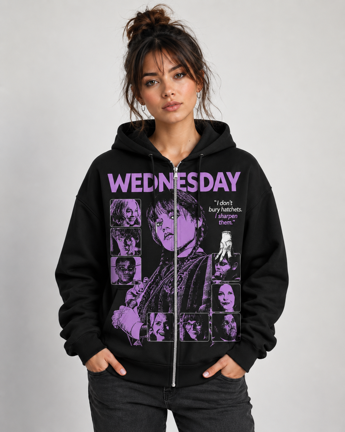 Wednesday Purple Graphic Hoodie, Gothic Girl Sweatshirt, Dark Academy T-Shirt, Spooky Quote Zip Hoodie, Black Horror Apparel