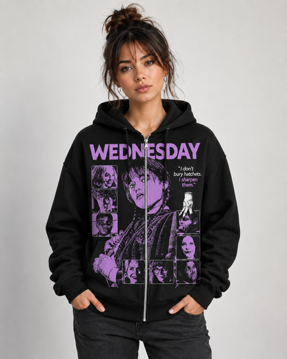 Wednesday Purple Graphic Hoodie, Gothic Girl Sweatshirt, Dark Academy T-Shirt, Spooky Quote Zip Hoodie, Black Horror Apparel