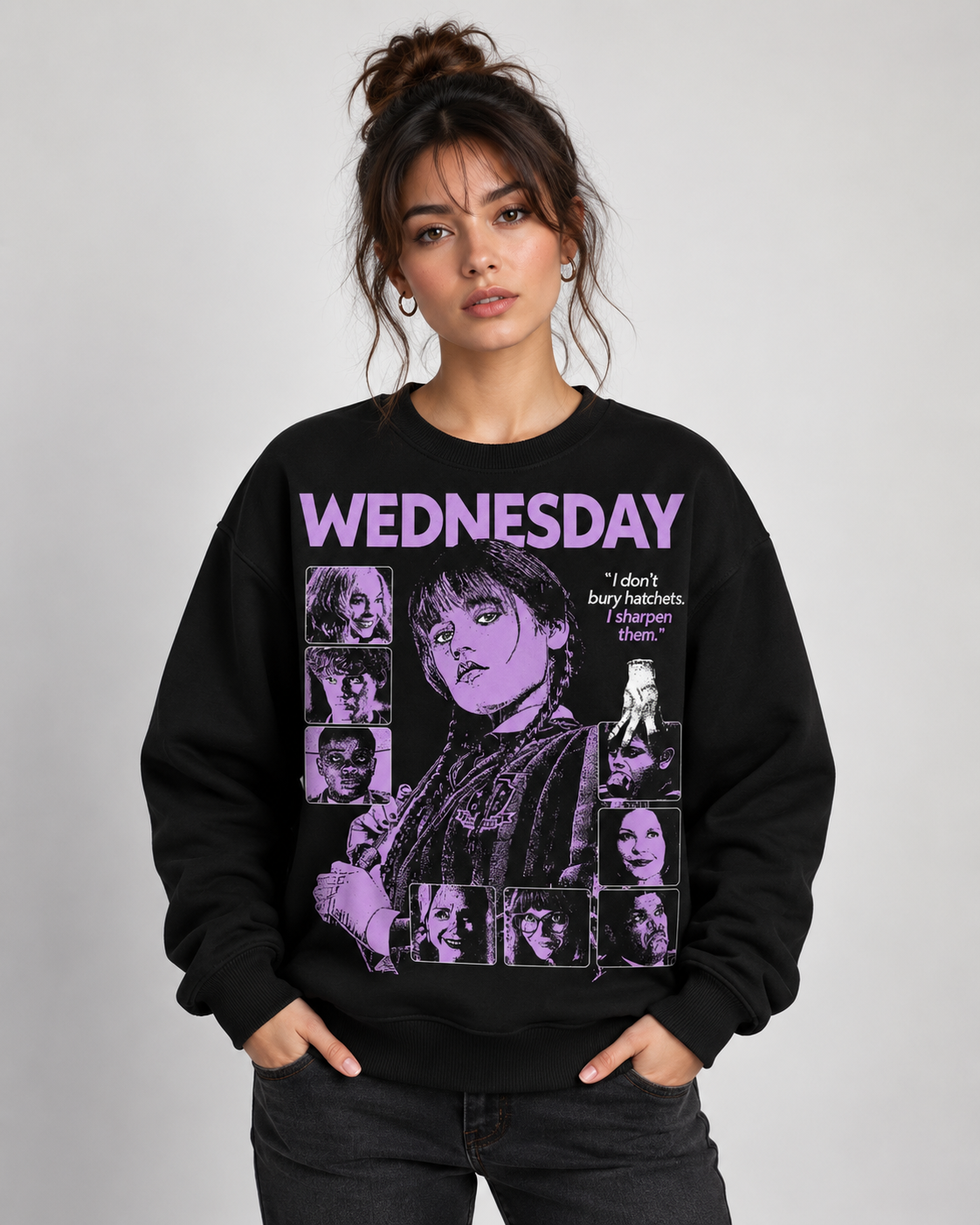 Wednesday Purple Graphic Hoodie, Gothic Girl Sweatshirt, Dark Academy T-Shirt, Spooky Quote Zip Hoodie, Black Horror Apparel
