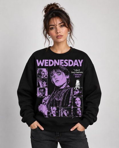 Wednesday Purple Graphic Hoodie, Gothic Girl Sweatshirt, Dark Academy T-Shirt, Spooky Quote Zip Hoodie, Black Horror Apparel