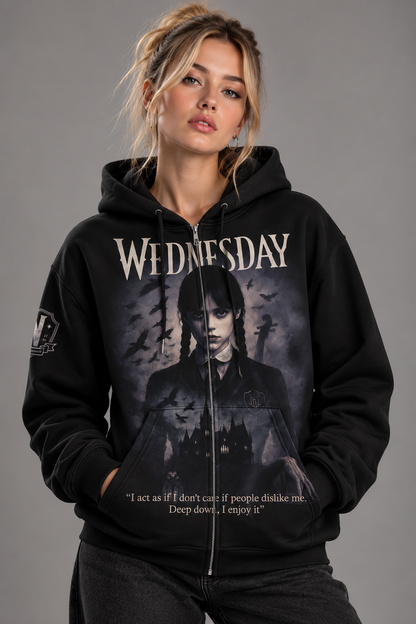 Wednesday Gothic Girl Hoodie, Dark Academy Graphic Sweatshirt, Raven Quote Shirt, Spooky Addams Style Tee, Black Zip Hoodie Gift