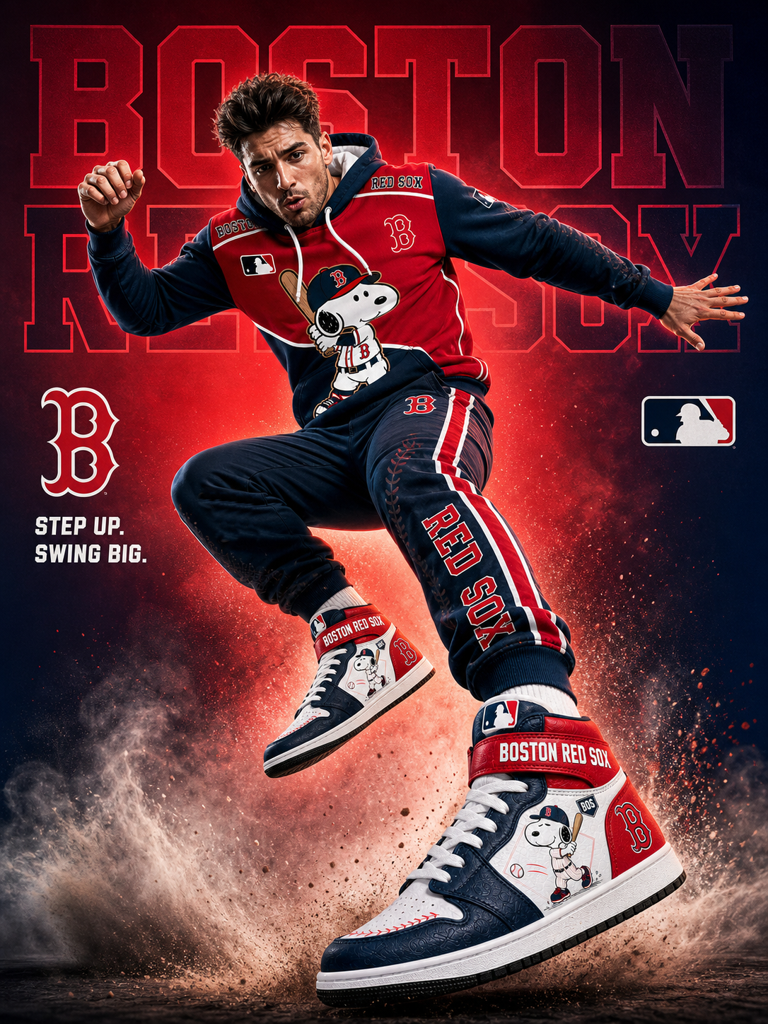 Boston Red Sox Snoopy Baseball Fan 3-Piece Set – Hoodie — Sweatpants & High-Top Sneakers - Custom Fan Apparel Image 3