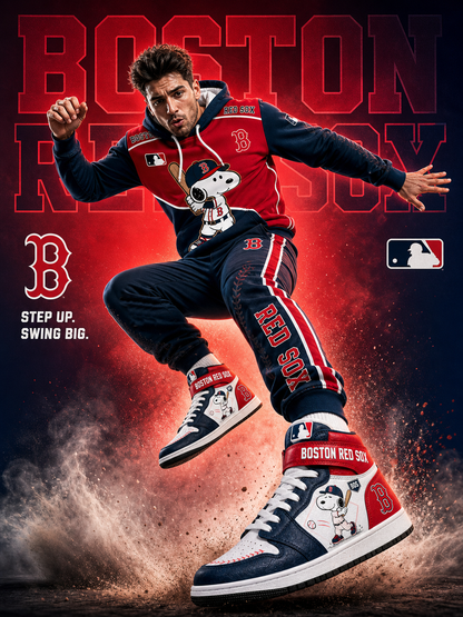 Boston Red Sox Snoopy Baseball Fan 3-Piece Set – Hoodie — Sweatpants & High-Top Sneakers - Custom Fan Apparel Image 3