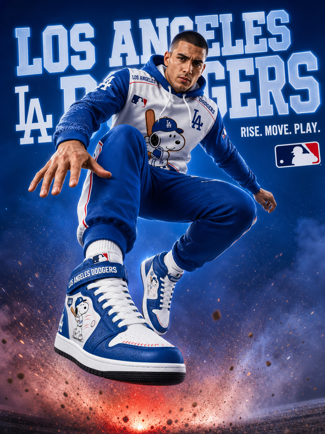Los Angeles Dodgers Snoopy Baseball Fan 3-Piece Set – Hoodie — Sweatpants & High-Top Sneakers - Custom Fan Apparel Image 3