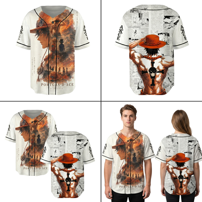White Orange-Black Authentic Baseball Jersey, Anime Pirate Inspired Button Up Jersey, Manga Fan Cosplay Sports Shirt