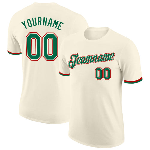 Custom Cream Kelly Green-Red Performance T-Shirt