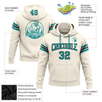 Custom Stitched Cream Teal-Black Football Pullover Sweatshirt Hoodie