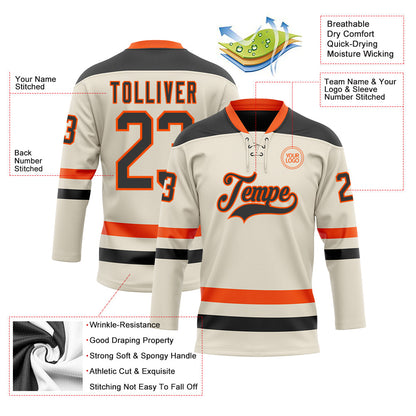 Custom Cream Black-Orange Hockey Lace Neck Jersey