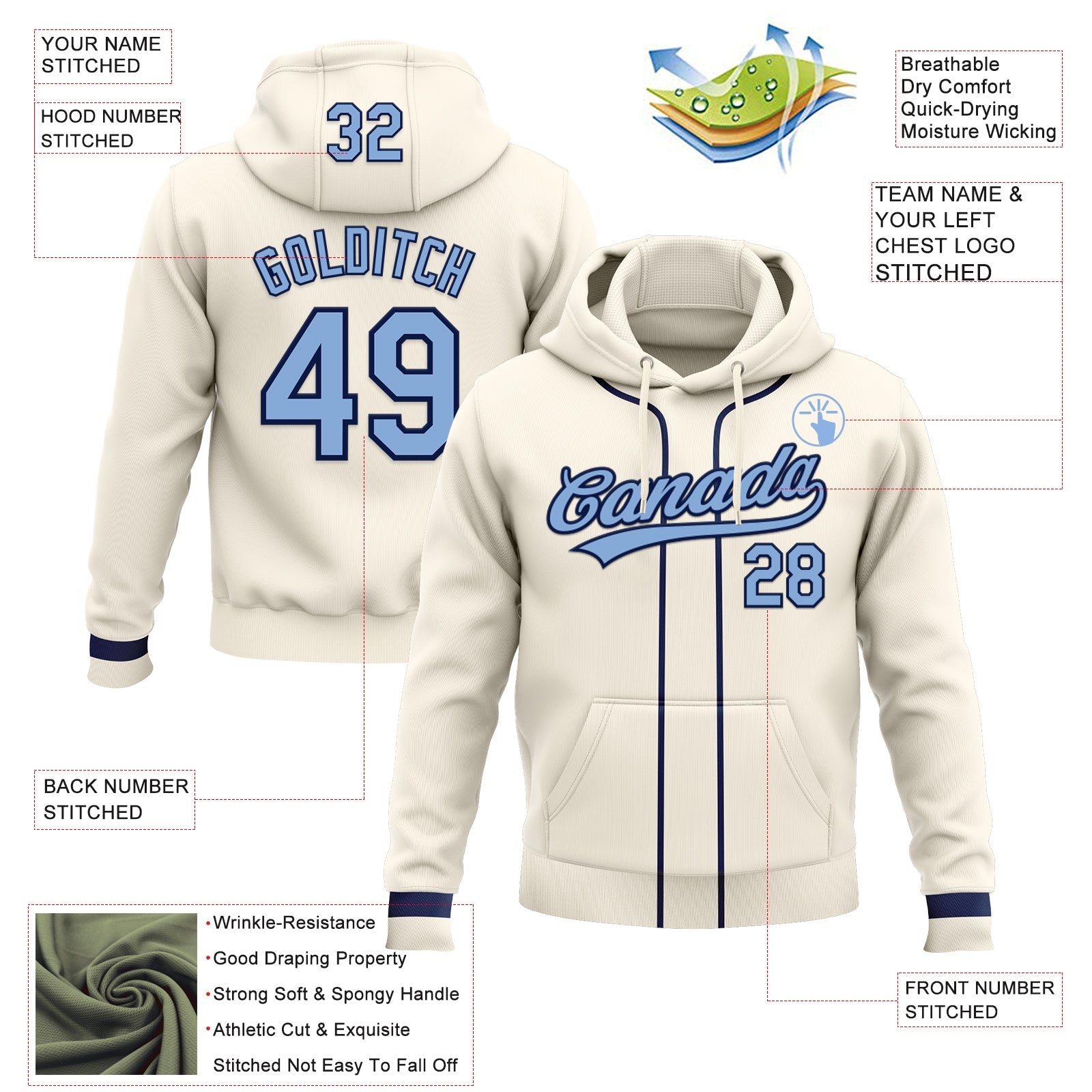 Custom Stitched Cream Light Blue-Navy Baseball Pullover Sweatshirt Hoodie