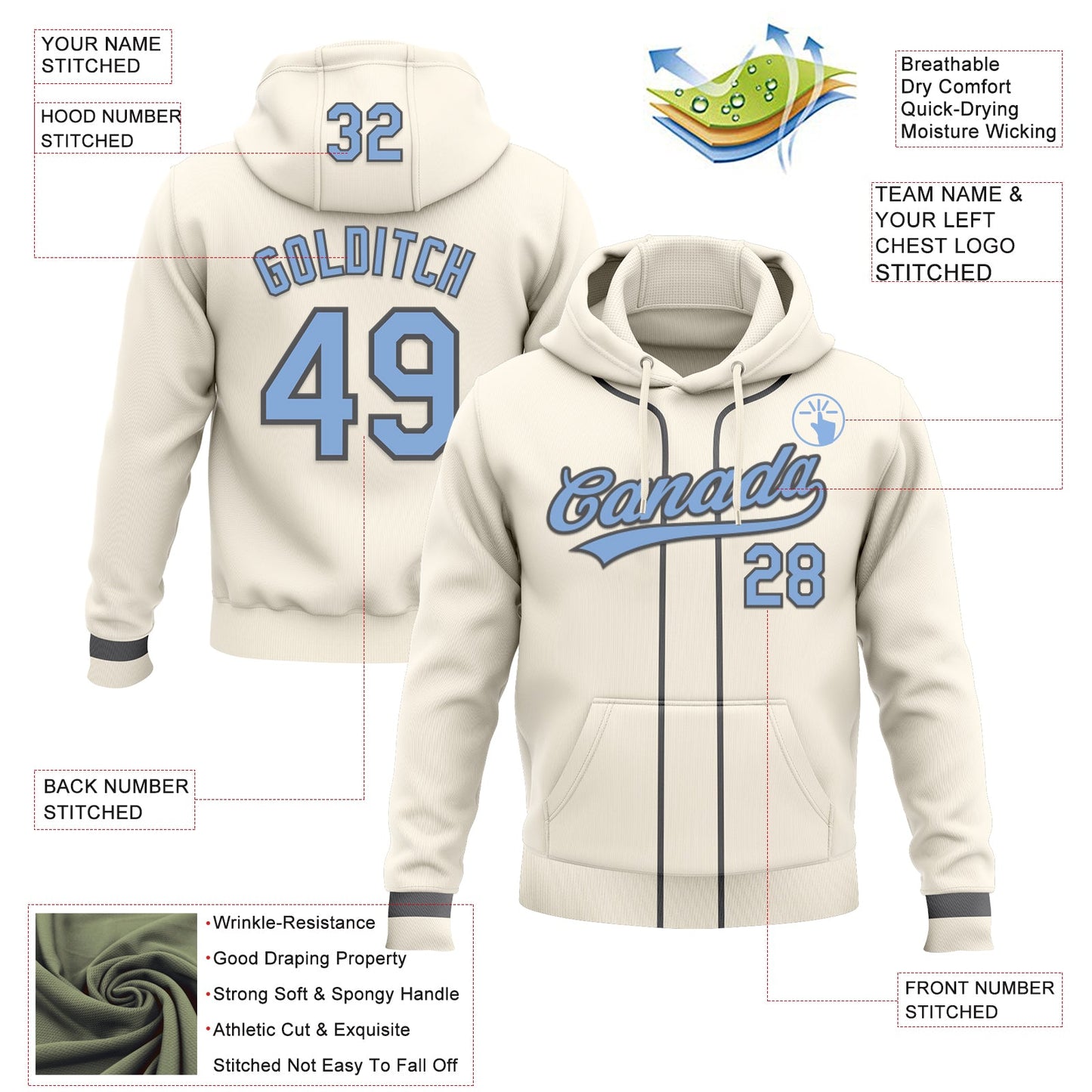 Custom Stitched Cream Light Blue-Steel Gray Baseball Pullover Sweatshirt Hoodie