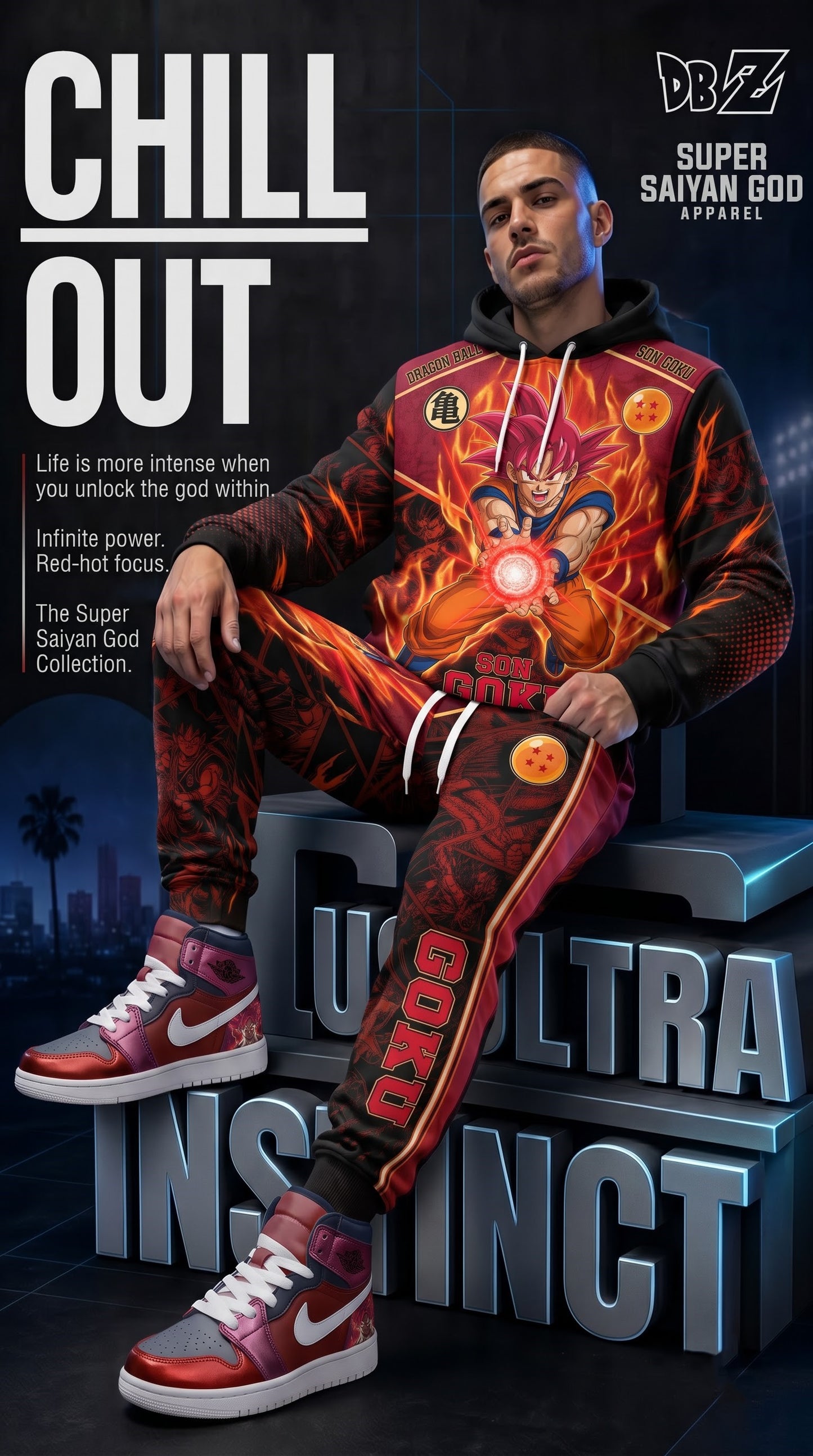 Super Saiyan God Son Goku Outfit Set — Hoodie, Jogger Pants & High-Top Sneakers | Red Anime Streetwear Matching Set