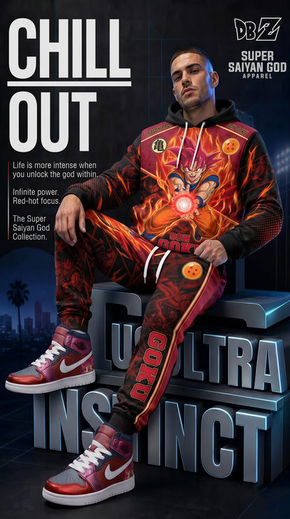Super Saiyan God Son Goku Outfit Set — Hoodie, Jogger Pants & High-Top Sneakers | Red Anime Streetwear Matching Set