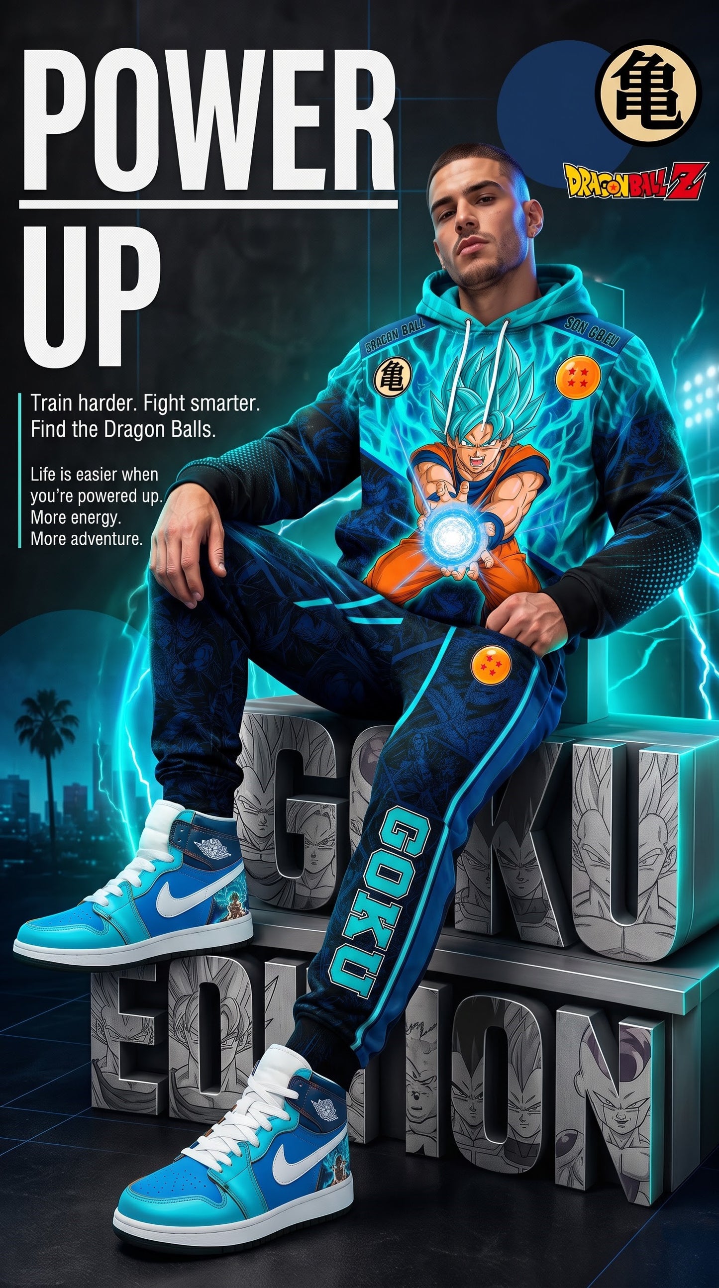 Super Saiyan Blue Son Goku Outfit Set — Hoodie, Jogger Pants & High-Top Sneakers | Blue Anime Streetwear Matching Set
