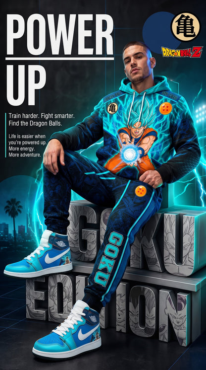 Super Saiyan Blue Son Goku Outfit Set — Hoodie, Jogger Pants & High-Top Sneakers | Blue Anime Streetwear Matching Set