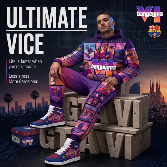 Barcelona x GTA VI Outfit Set — Hoodie, Jogger Pants & High-Top Sneakers | GTA VI Streetwear Matching Set