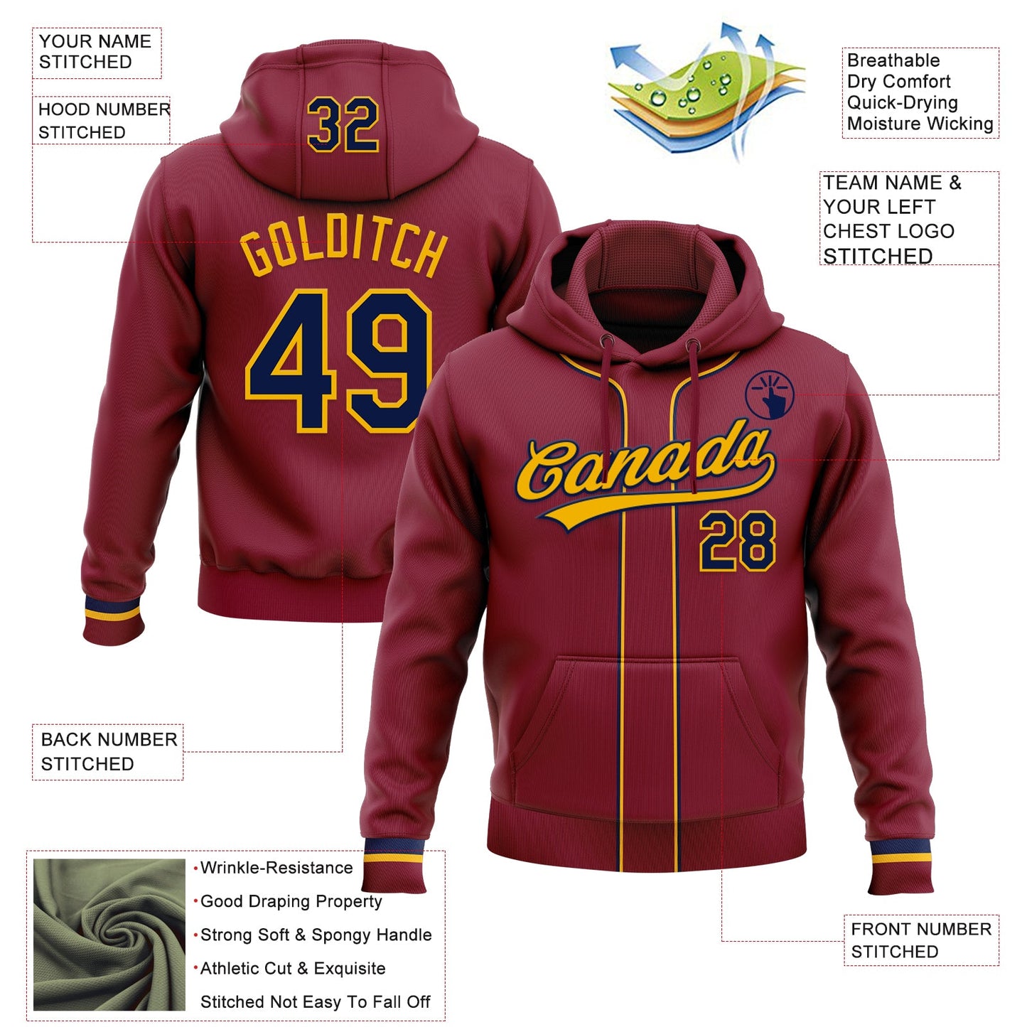 Custom Stitched Crimson Navy-Gold Baseball Pullover Sweatshirt Hoodie