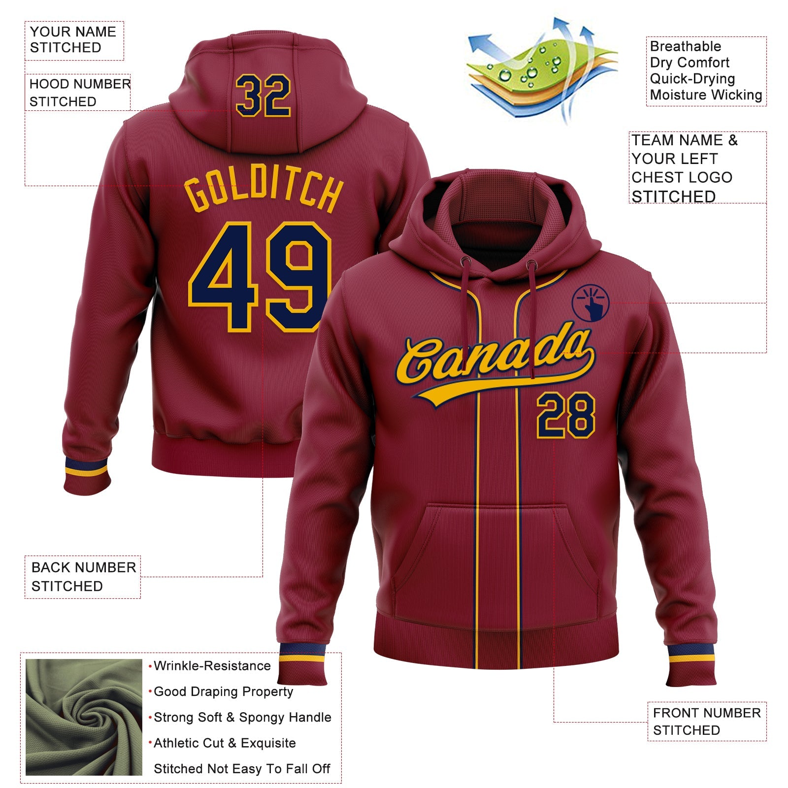 Custom Stitched Crimson Navy-Gold Baseball Pullover Sweatshirt Hoodie