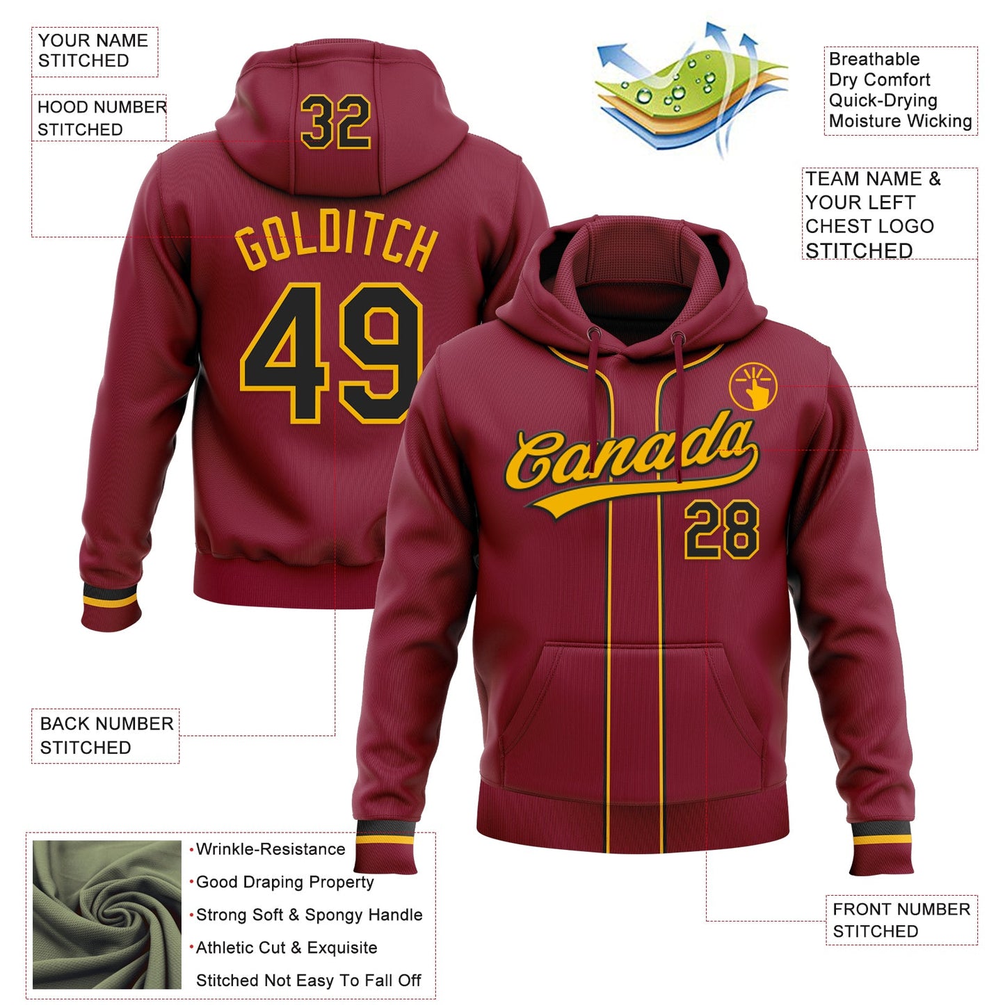 Custom Stitched Crimson Black-Gold Baseball Pullover Sweatshirt Hoodie