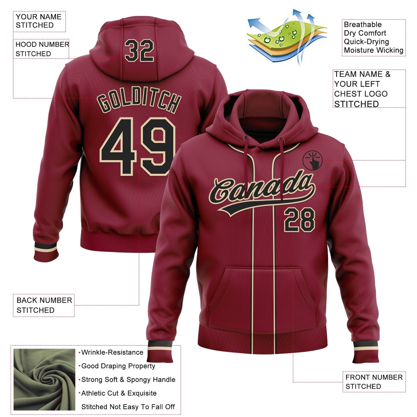 Custom Stitched Crimson Black-Cream Baseball Pullover Sweatshirt Hoodie