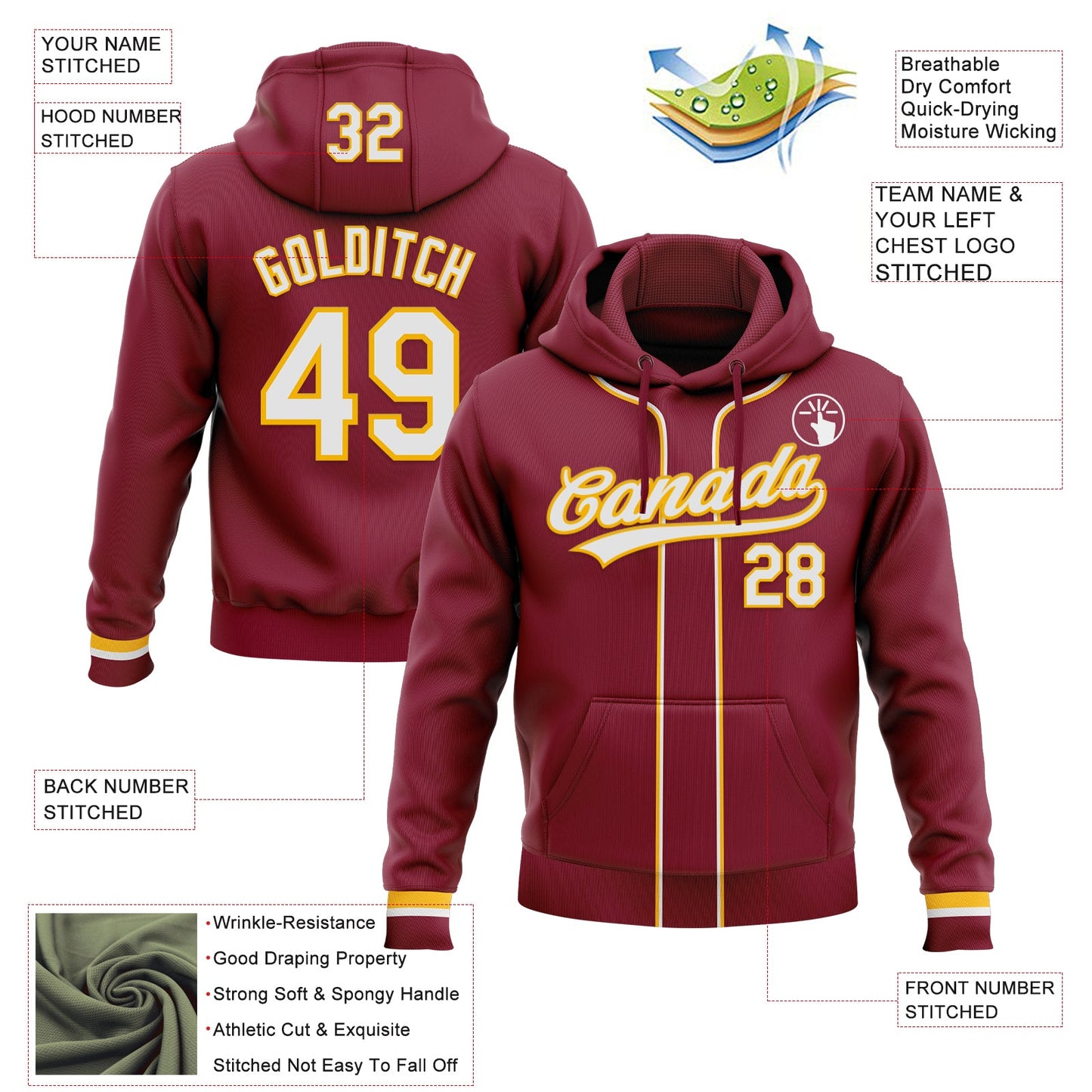 Custom Stitched Crimson White-Gold Baseball Pullover Sweatshirt Hoodie
